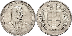Schweiz 5 Franken, 1926, HMZ 2-1199f, kl. ... 