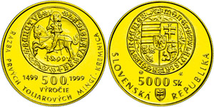 Slovakia 5000 coronas, Gold, 1999, 500 years ... 