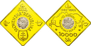 Slovakia 10000 coronas, bimetal Gold / ... 