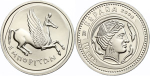 Spain 10 Euro, 2008, Greek silver Drachme, ... 