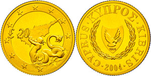 Zypern 20 Lires, Gold, 2004 Triton, Schön ... 