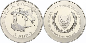 Cyprus 5 Euro, 2008, map of the island from ... 