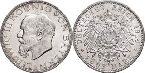 Bayern 5 Mark, 1914, Ludwig III., kl. Rf., ... 
