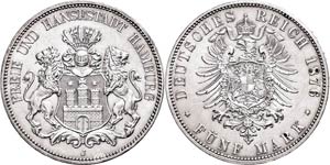 Hamburg 5 Mark, 1876, Revers leicht ... 