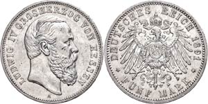 Hessen 5 Mark, 1891, Ludwig IV., Randfehler, ... 