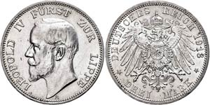 Lippe 3 Mark, 1913, Leopold IV., kl. Rf., ... 