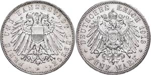 Lübeck 5 Mark, 1913, kl. Rf., ss-vz., ... 