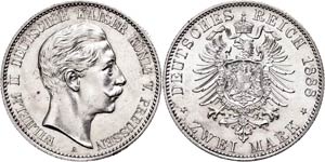 Prussia 2 Mark, 1888, Wilhelm II., small ... 