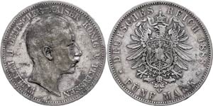 Preußen 5 Mark, 1888, Wilhelm II., kl. Rf., ... 