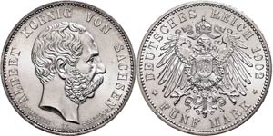 Sachsen 5 Mark, 1902, Albert, auf seinen ... 