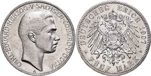 Saxony-Coburg and Gotha 5 Mark, 1907, Carl ... 