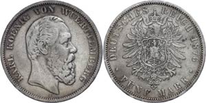 Württemberg 5 Mark, 1876, Karl, Randfehler, ... 