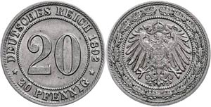 Kleinmünzen 1871-1922 20 Pfennig, 1892, G, ... 