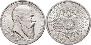 Baden 5 Mark, 1902, Friedrich I., kl. Rf., ... 