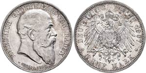 Baden 5 Mark, 1907, Friedrich I., kl. Rf., ... 