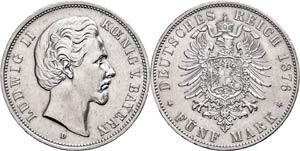 Bavaria 5 Mark, 1876, Ludwig II., a little ... 