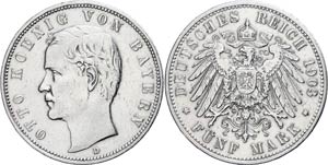 Bayern 5 Mark, 1908, Otto, poliert, Kratzer, ... 