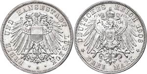 Lübeck 3 Mark, 1908, kl. Kratzer, kl. Rf, ... 