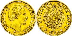 Bavaria 5 Mark, 1877, Ludwig II., very ... 