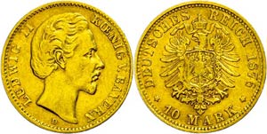 Bavaria 10 Mark, 1876, Ludwig II., small ... 