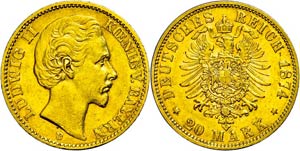 Bayern 20 Mark, 1874, Ludwig II., kl. Rf., ... 