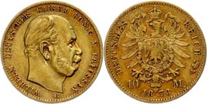 Prussia 10 Mark, 1873, Wilhelm I., Mzz B, s ... 