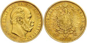 Prussia 20 Mark, 1872, Wilhelm I., Mzz A, ... 