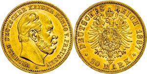Preußen 20 Mark, 1887, Wilhelm I., kl. Rf., ... 