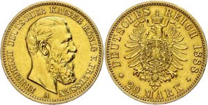 Prussia 20 Mark, 1888, Friedrich III., very ... 