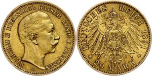 Preußen 20 Mark, 1891, Wilhelm II., ss., ... 