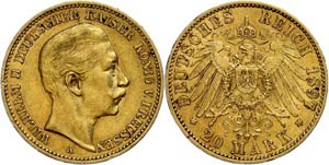 Preußen 20 Mark, 1894, Wilhelm II., ss+, ... 