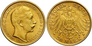 Prussia 20 Mark, 1894, Wilhelm II., extremly ... 