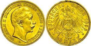 Prussia 20 Mark, 1896, Wilhelm II., margin ... 