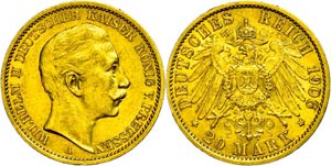 Prussia 20 Mark, 1906, Wilhelm II., A, small ... 