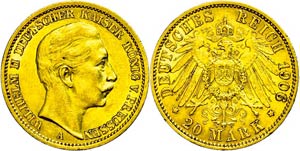 Prussia 20 Mark, 1906, Wilhelm II., small ... 
