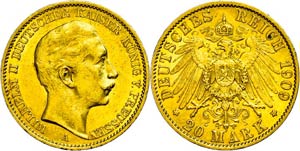 Prussia 20 Mark, 1909, Wilhelm II., A, small ... 