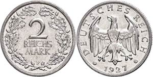Coins Weimar Republic 2 Reichmark, 1927, F, ... 