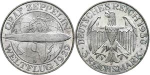 Münzen Weimar 3 Reichsmark 1929, Zeppelin, ... 