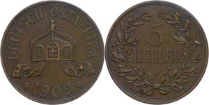 Coins German Colonies DOA, 5 Heller, 1909, ... 