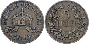 Coins German Colonies DOA, 5 Heller, 1909, ... 