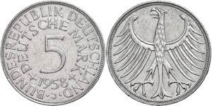 Münzen Bund ab 1946 5 Mark, 1958, J, kl. ... 