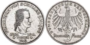 Münzen Bund ab 1946 5 Mark, 1955, Schiller, ... 