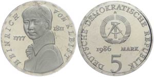 GDR 5 Mark, 1986, to the 175. day of death ... 