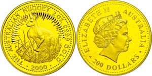 Australia 200 dollars, Gold, 2000, kangaroo, ... 