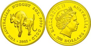 Australia 200 dollars, Gold, 2003, kangaroo, ... 