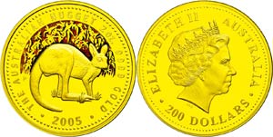 Australia 200 dollars, Gold, 2005, kangaroo, ... 