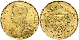 Belgien 20 Francs, Gold, 1914, Albert, Fb. ... 