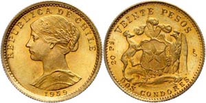 Chile 20 Pesos, 1959, Gold, Freiheitskopf, ... 