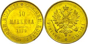 Finland 10 Markkaa, Gold, 1879, embossments ... 