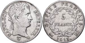 Frankreich 5 Francs, 1813, Napoleon, BB ... 